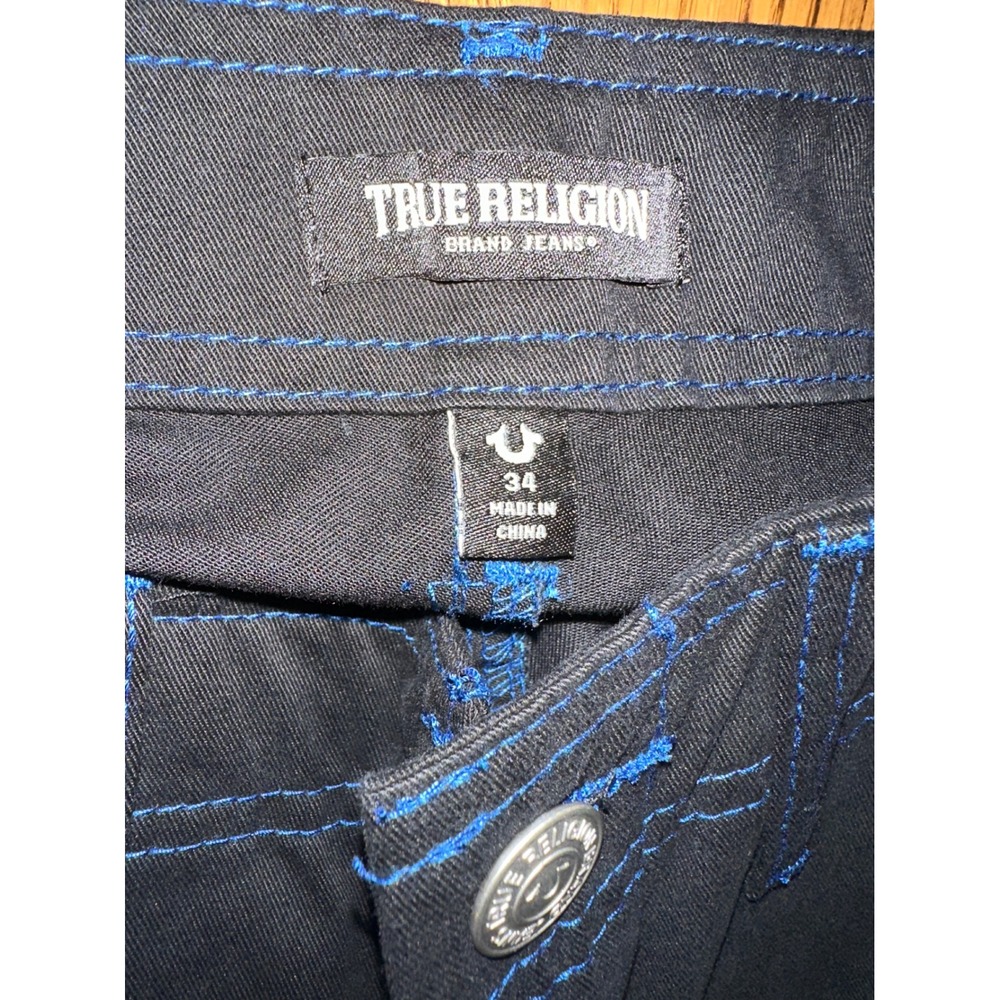 True Religion Mens Black Cargo Pants Blue Contrast Stitch Straight Leg Size 34 - Picture 4 of 11